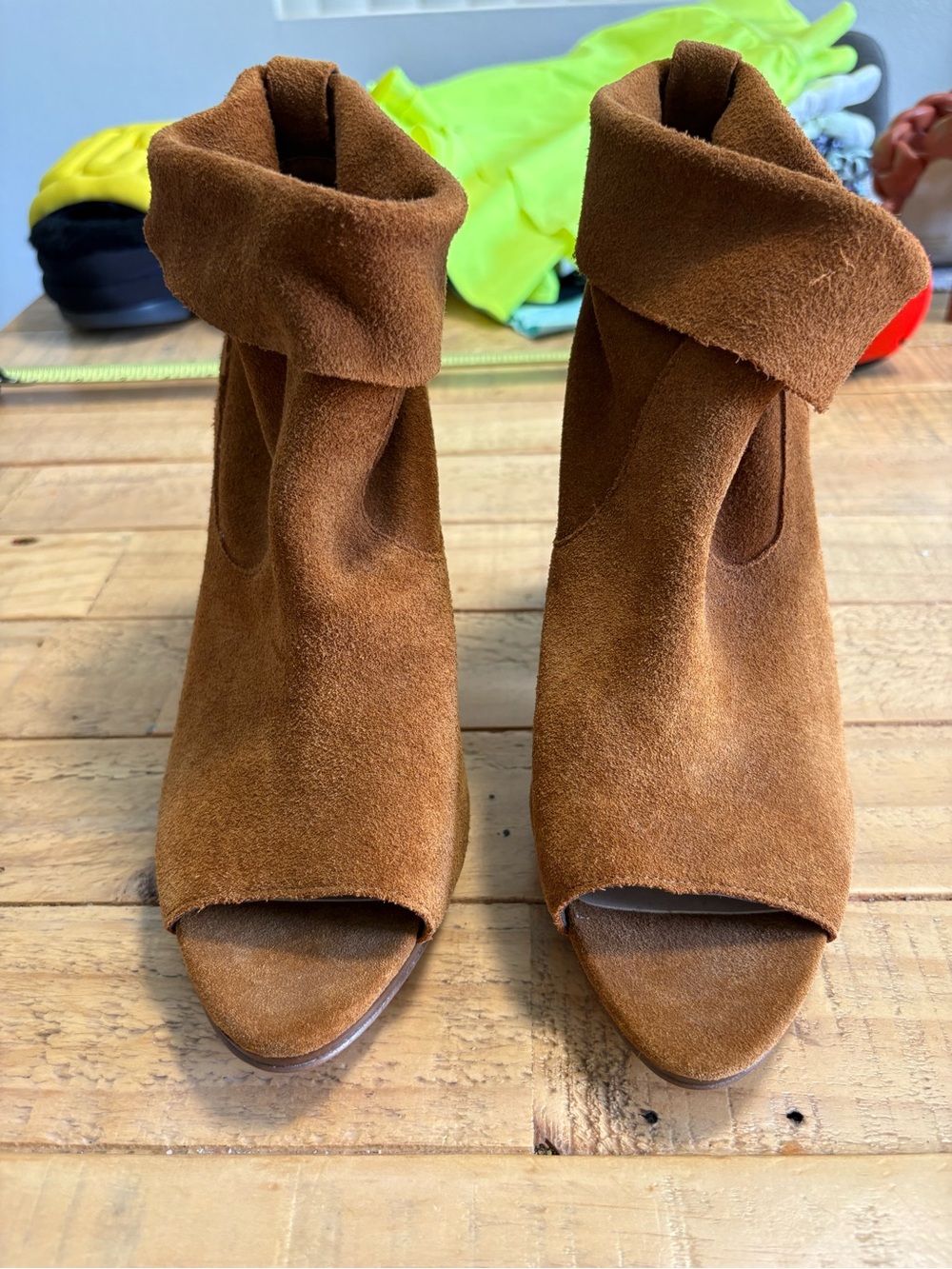 Vince Camuto Chestnut Brown Suede Open-Toe Folded Cuff Booties